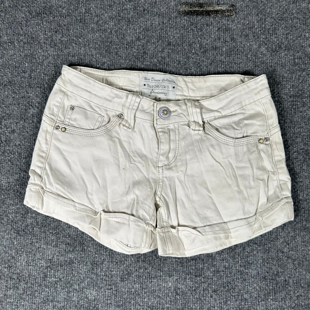 Stradivarius Shorts Womens Size 4 Cream Low Rise Denim Rolled Hem Casual Summer